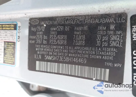 2008 Hyundai Santa Fe Limited/Se z USA, uszkodzony, nr VIN 5NMSH73E58H146469